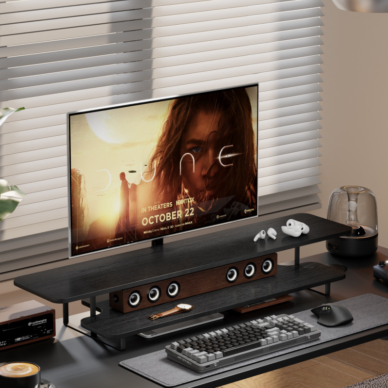 Desk Setup With Laptop And Monitor - Monitorständer in Walnuss-Optik Massivholz Schreibtisch-Organizer für