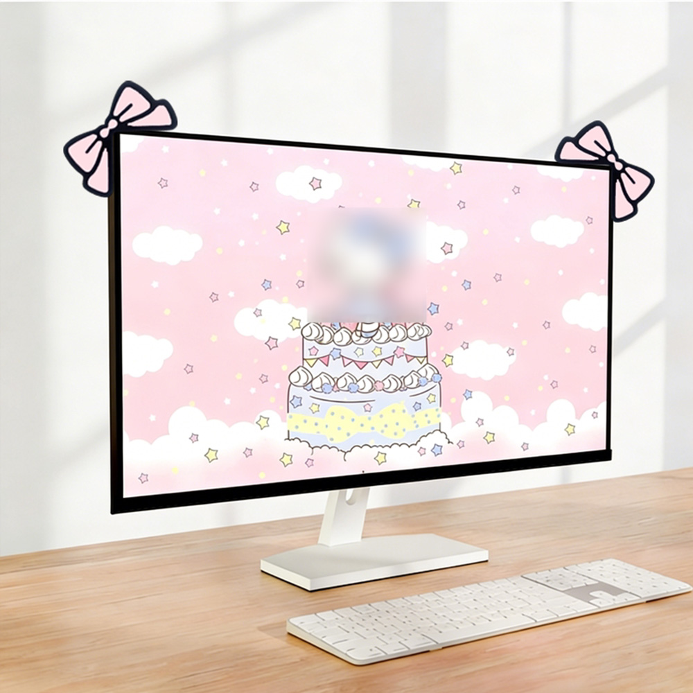Desk Setup With Laptop And Monitor - Niedliche Rosa Schleife Monitor-Deko Kawaii Bildschirm-Top-Ornament