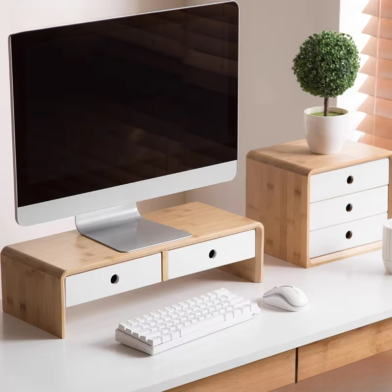 Desk Setup With Laptop And Monitor - Bambus-Laptop-Monitor-Riser, umweltfreundlicher Desktop-Organizer mit Schublade für