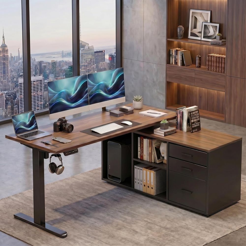 Desk Setup Height - 55 Zoll L-förmiger Stehschreibtisch mit Schränken,